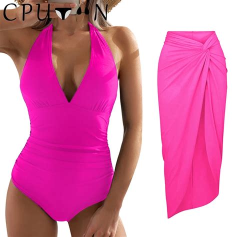 Cputan Sexy Bikini Set Women Swimwear Skirt Solid Pink Vintage One