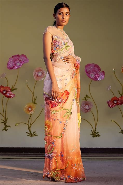 Ombre Silk Organza Hand Embroidered Saree Set Design By Rahul Mishra At Pernias Pop Up Shop 2024