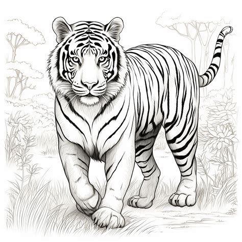 Siberian Tiger Solid Black Line Coloring Page Printable Wildlife