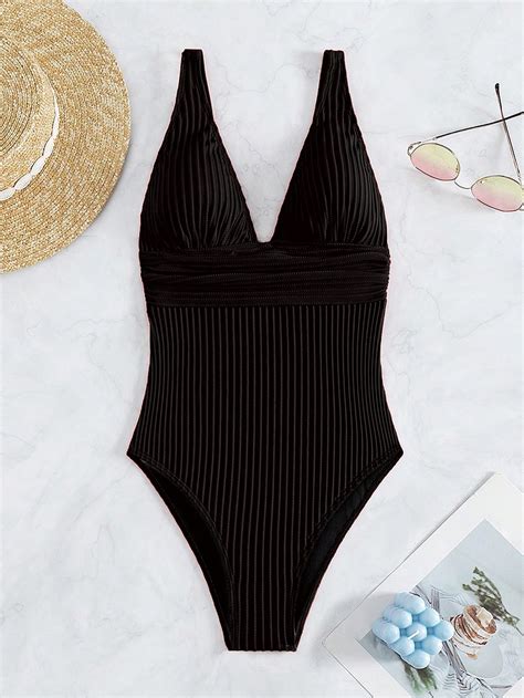 Shein Swim Basics Ba Ador Una Pieza Liso De Cuello Profundo Moda De