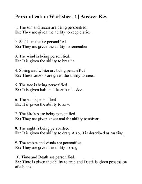 Personification Worksheet 4 | Answers