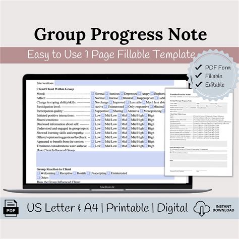 Group Progress Note Fillable Template For Counselors Group Etsy