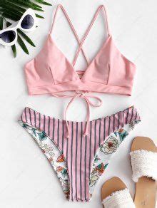 Zaful Reversible Floral Striped Lace Up Bikini Swimsuit In Light Pink