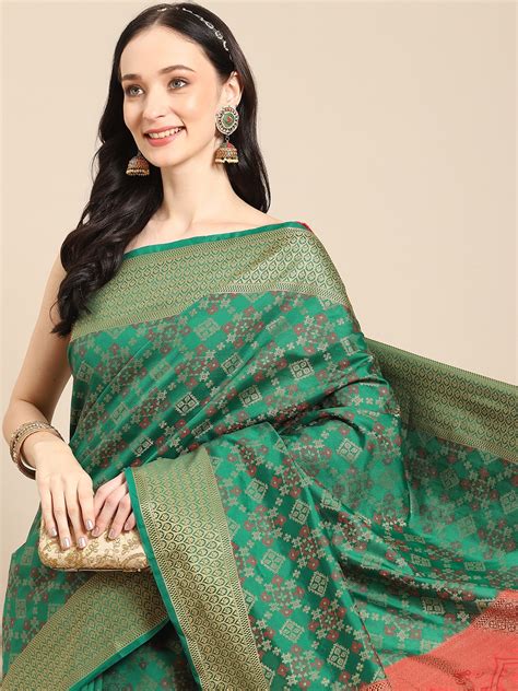 Buy All About You Teal Gold Toned Ethnic Motifs Zari Silk Blend Saree