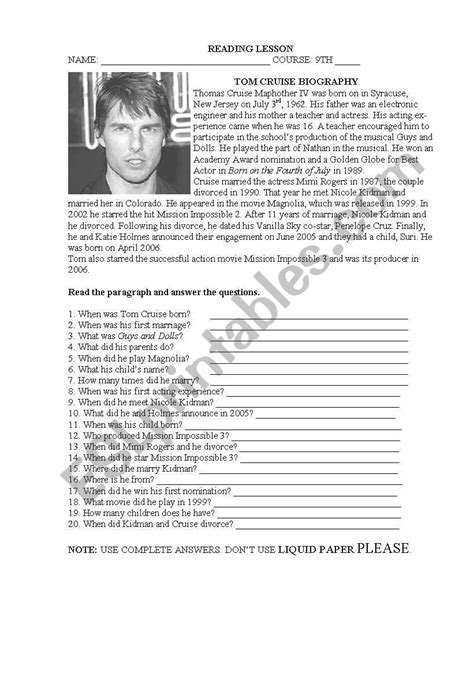 Tom Cruises Biography ESL Worksheet By Mcp846