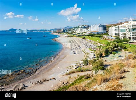 Beach with hotels in Faliraki, Kallithea (Rhodes, Greece Stock Photo ...