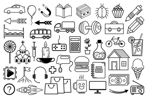 Random icon set. Black icons with thin line isolated on white ...