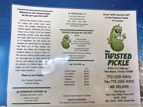 Menu at The Twisted Pickle restaurant, Wabasso, N US Highway 1 Ste 104