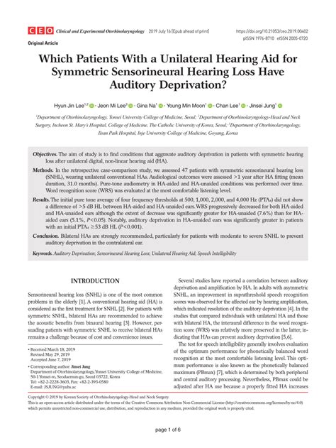 Pdf Which Patients With A Unilateral Hearing Aid For Symmetric Sensorineural Hearing Loss Have