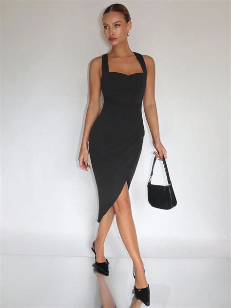 Sheinneu Solid Split Hem Halter Neck Backless Bodycon Dress Shein Usa