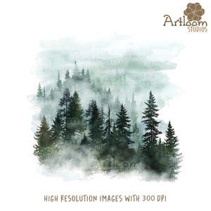 Foggy Pine Forest Clip Art Printable Watercolor Pine Forest Jpgs