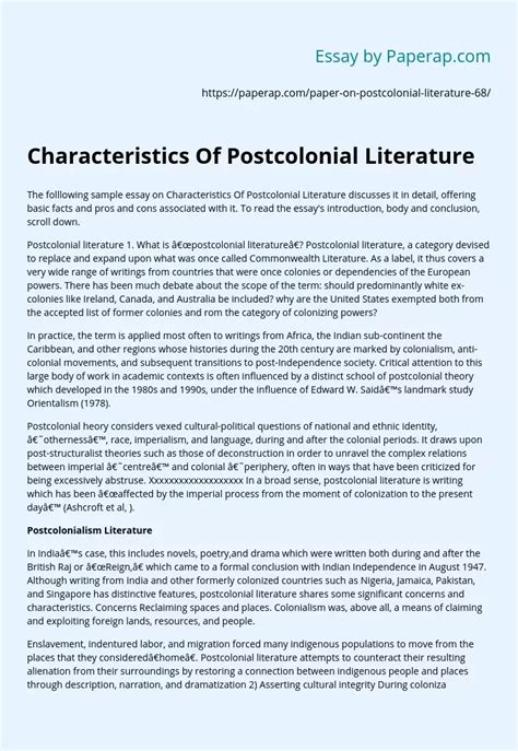 Characteristics Of Postcolonial Literature Free Essay Example