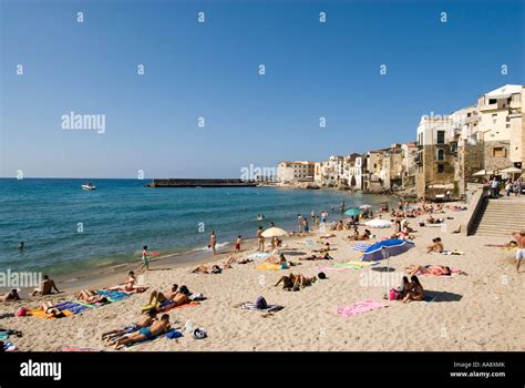 Beach at Cefalu, Sicily, Italy Stock Photo - Alamy