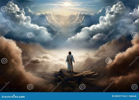 Jesus Christ Stand On Mountain In Heaven Generative Ai Stock