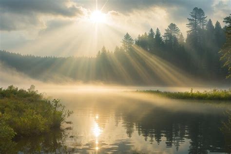 Premium Photo Scenic Landscape Of Sun Rays Shine Through Mist Over