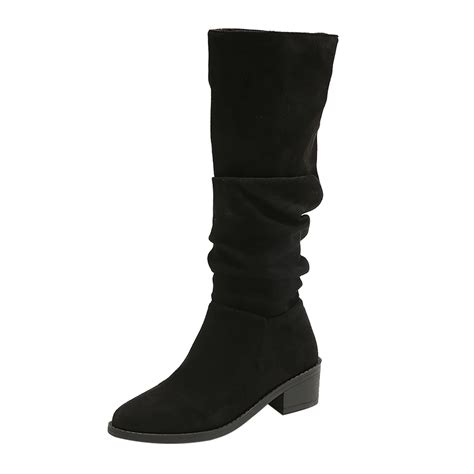 Lovskoo Women S Low Heeled Mid Calf Boots Round Toe Chunky Heel