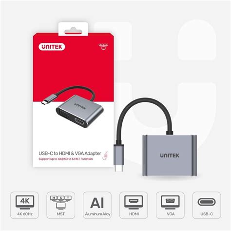 Unitek Usb C To Hdmi 20 And Vga Adapter With Mst Dual Monitor Support