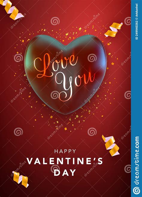 Happy Valentines Day Greeting Card With Red Heart And Ribbons Vector