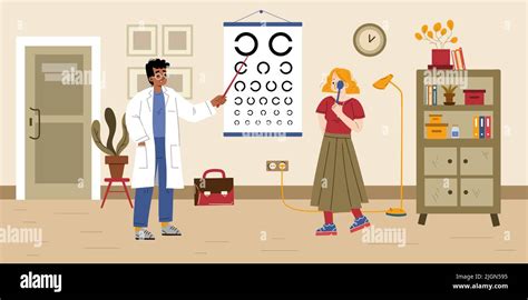 Doctor Ophthalmologist Check Patient Vision With Eye Test Chart In