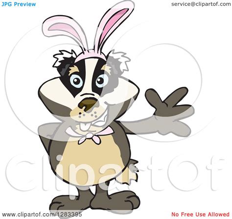 Clipart of a Friendly Waving Badger Wearing Easter Bunny Ears - Royalty ...