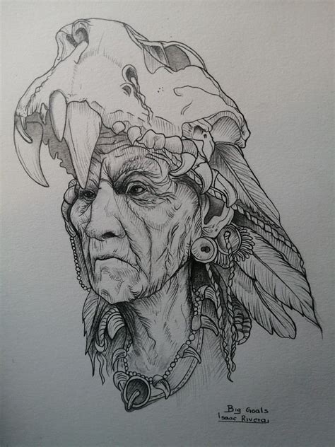 Dibujo a lápiz de un anciano estilo un poco prehispánico Old Men