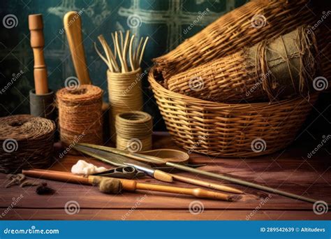 Basket Weaving Tools And Materials On A Table Stock Illustration