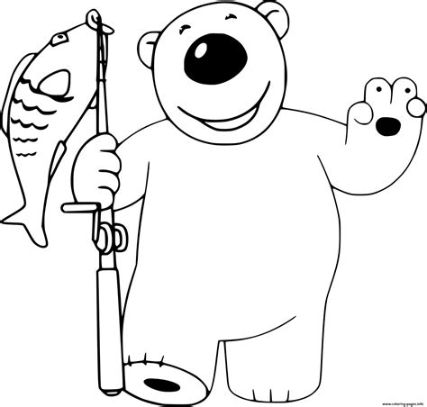 Cartoon Polar Bear Caught A Fish Coloring Page Printable