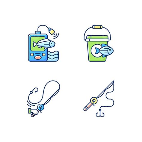 Tools For Fishing Rgb Color Icons Set Pole Fishery Pictogram Vector