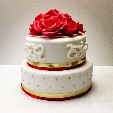 Handcrafted Gum Paste Red Roses White Fondant Wedding Cake With Red And Gold Ribbon By Captain