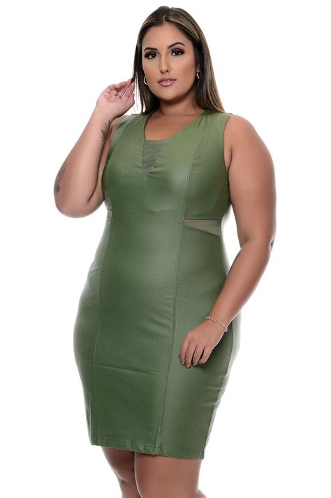 Vestido Plus Size Cirrê Verde Militar Vk Moda Plus Size