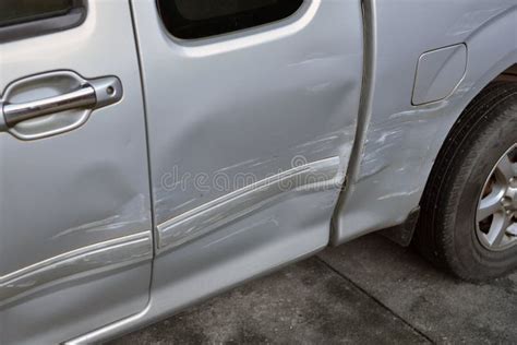 Car Body Side Damage after an Road Traffic Accident, Close- Up Stock ...