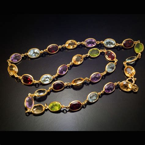 Italian Multi Colored Gemstone Gold Necklace Ref Antique