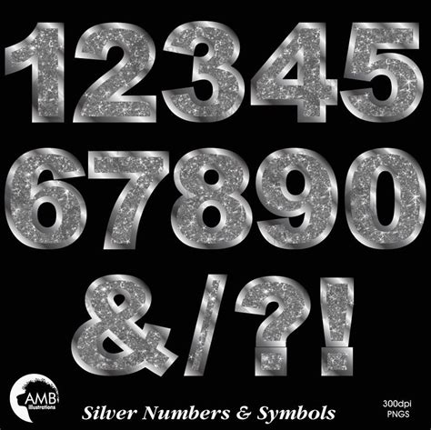 Silver Numbers Clipart Silver Glitter Numbers and Symbols | Etsy