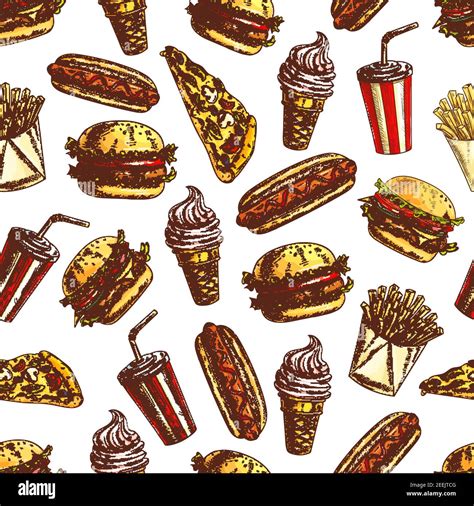 Fast Food Pattern Of Sandwich Burger And Cheeseburger Pizza Slice