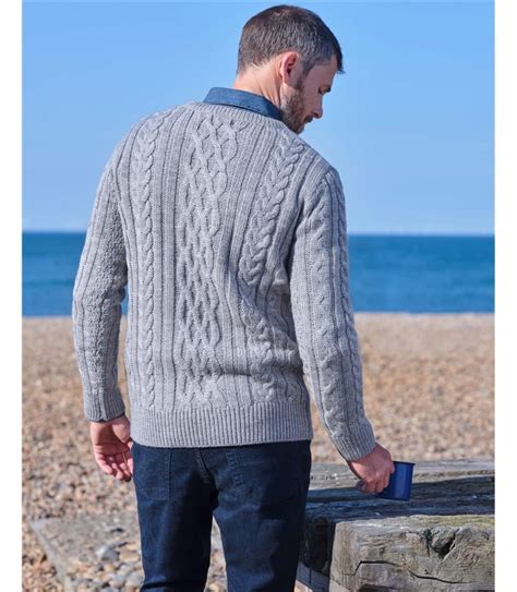 Grau meliert Pullover mit Aranmuster aus reiner Wolle für Herren