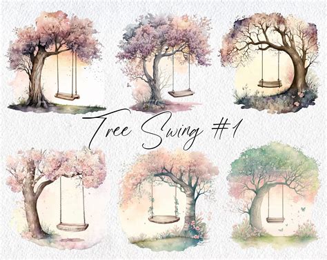 Cute Watercolor Tree Swing Scenes Volume 1 Commercial Use Clipart