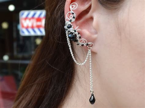 Schwarz Ohr Manschette Ohrringe Fake Piercing Knorpel Kette Etsy