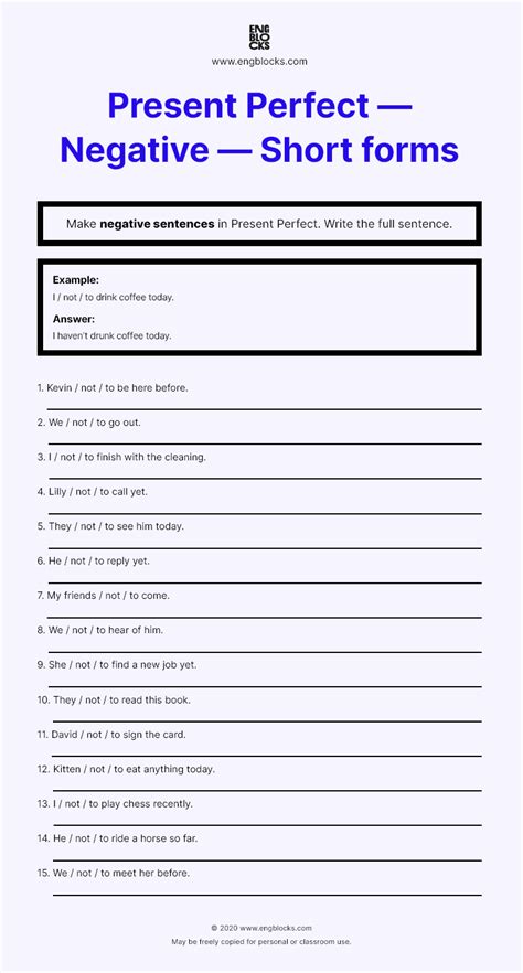 Present Perfect — Negative — Short Forms Esl Worksheets Present Perfect Negative Present