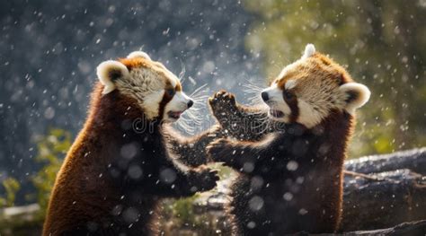 Two Red Panda Cubs Fighting in the Rain with Each Other, Stock Photo ...