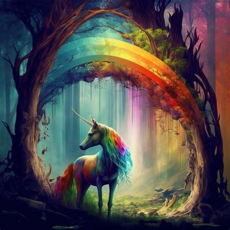 Un Unicornio Con Un Arco Ris En La Cabeza Est En Medio De Un Bosque