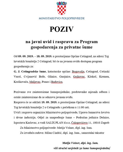 Poziv Na Javni Uvid I Raspravu Za Program Gospodarenja Za Privatne Ume