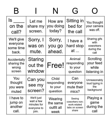 Microsoft Teams Meeting Bingo Card