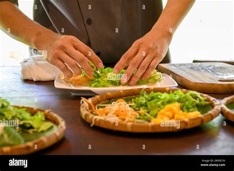 Chef And Tutor Demonstrates How To Make Fresh Rice Paper Rolls With