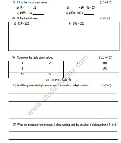 Cbse Class 3 Maths Sample Paper Set H