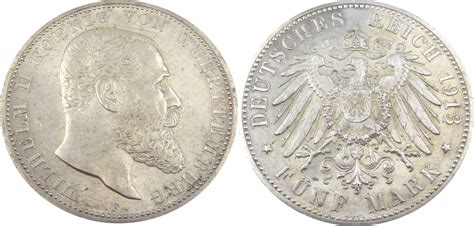 5 Mark 1913 F Wilhelm II König von Württemberg J 176 f stgl MA Shops