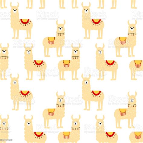 Seamless Pattern With Decorated Lamas In Poncho Stock Illustration