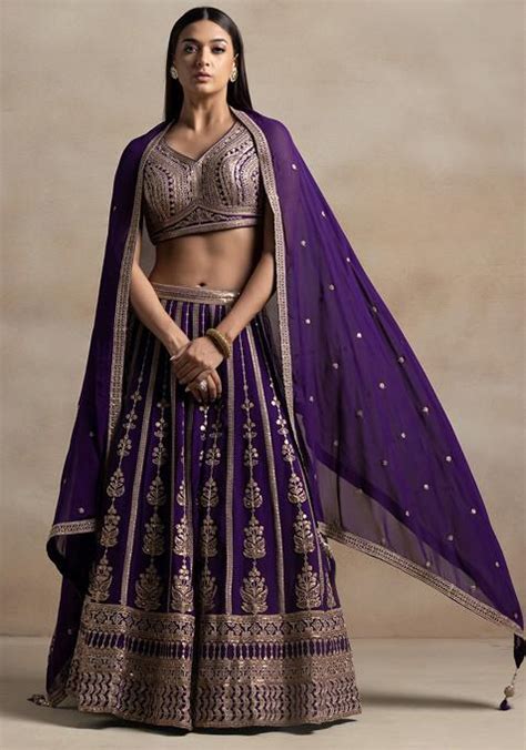 Buy Women Purple Zari Sequin Embellished Lehenga Set With Floral