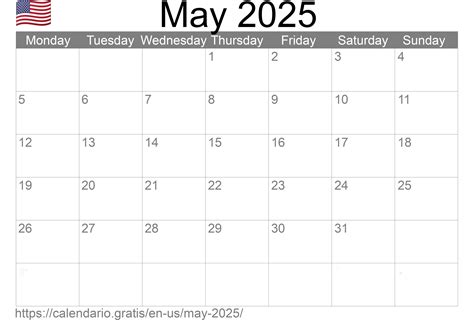 Calendar May 2025 From United States Of America In English ☑️