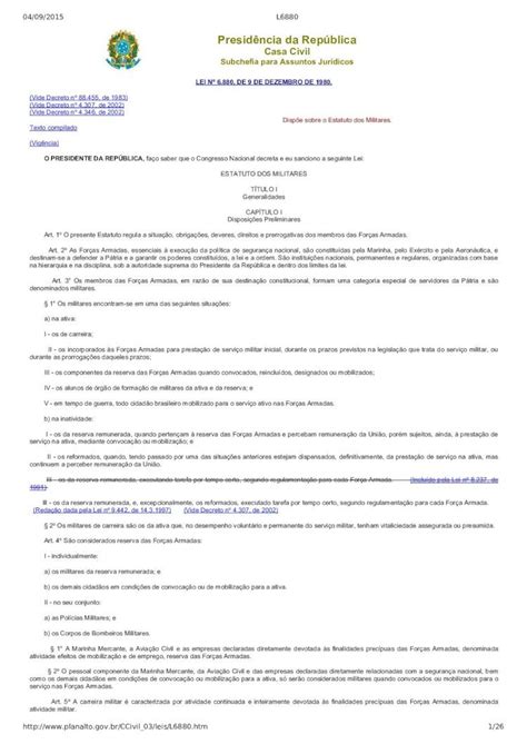 Pdf Estatuto Dos Militares Lei N De De Dezembro De