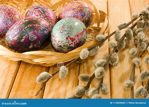 Image Of Pussy Willow And Easter Eggs On A Table Closeup Stock Image